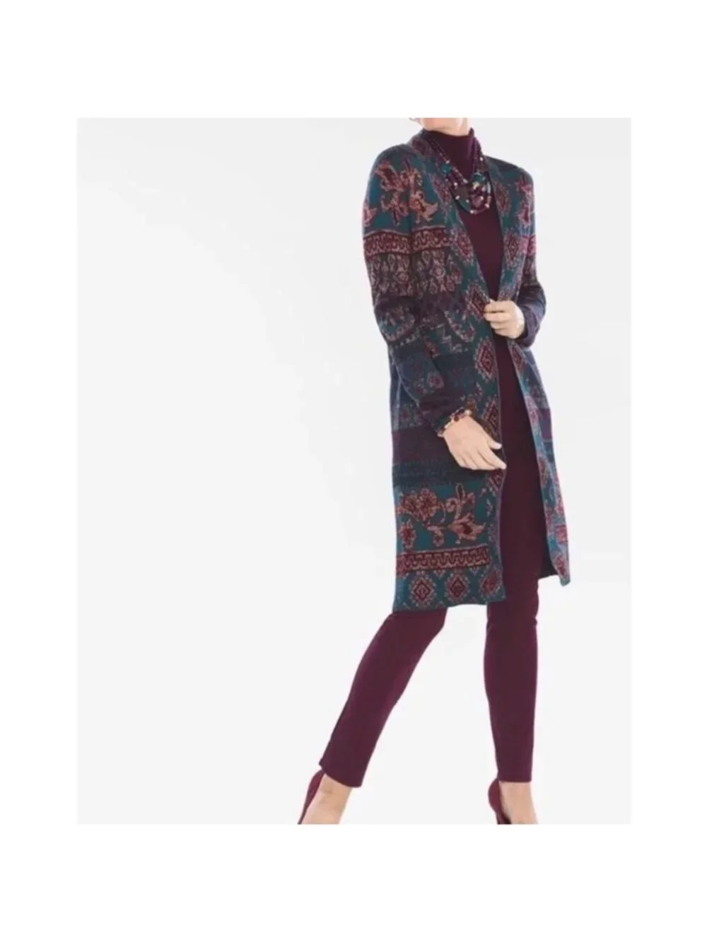 Chico’s Tapestry Jacquard Knit Duster Open‎ Front Cardigan Sweater Boho Medium